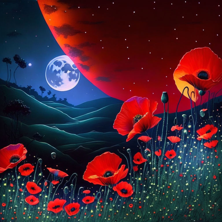 Vibrant night landscape with red poppies, rolling hills, and moons