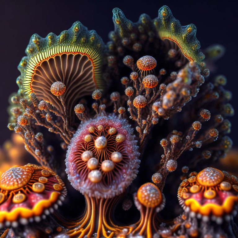 Colorful coral close-up: intricate patterns, textures, orange to violet hues on dark backdrop