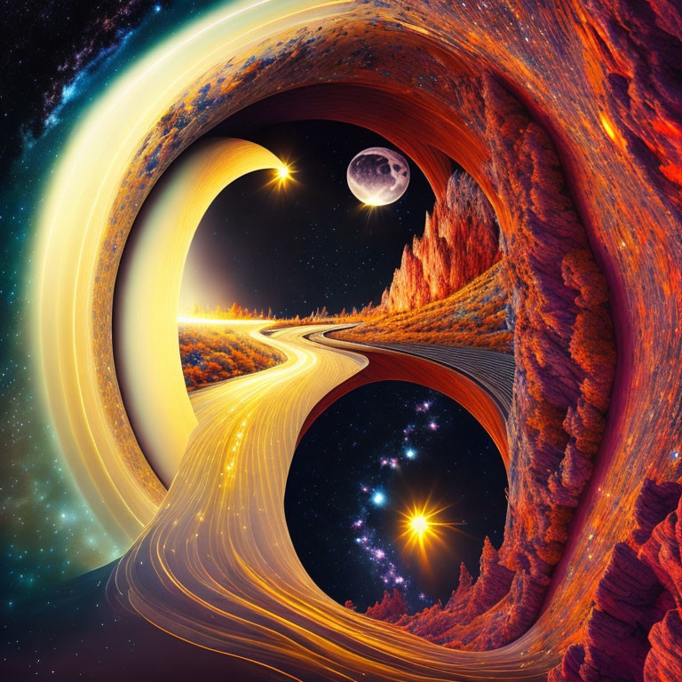 Surreal looping landscape with glowing road and celestial bodies