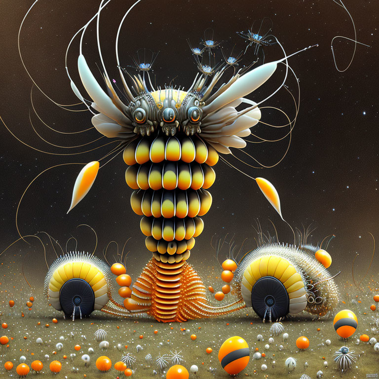 Surreal digital artwork: Segmented creature with mechanical eyes in starry backdrop