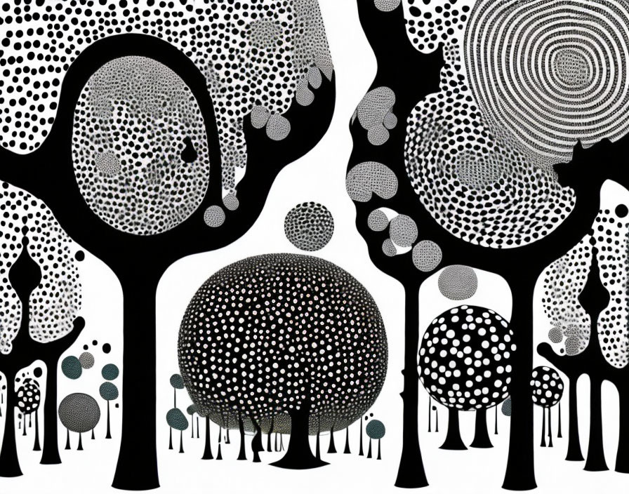 Monochrome abstract illustration of intricate dot patterns on trees