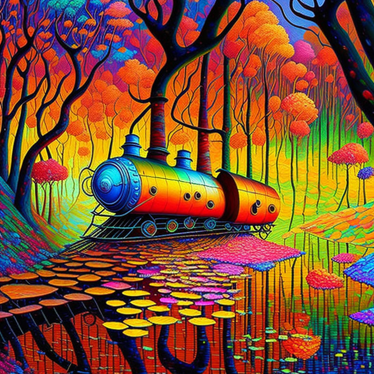 Colorful Illustration: Orange-Yellow Train on Hexagon-Tiled Track in Psychedelic Forest