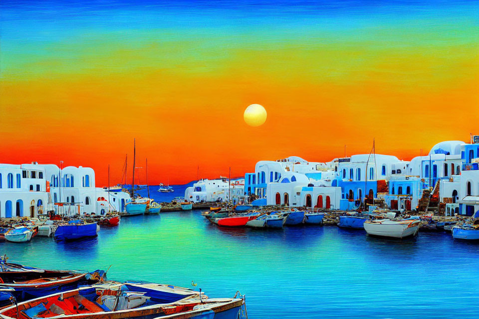 Colorful Coastal Mediterranean Scene with White Buildings and Boats at Sunset