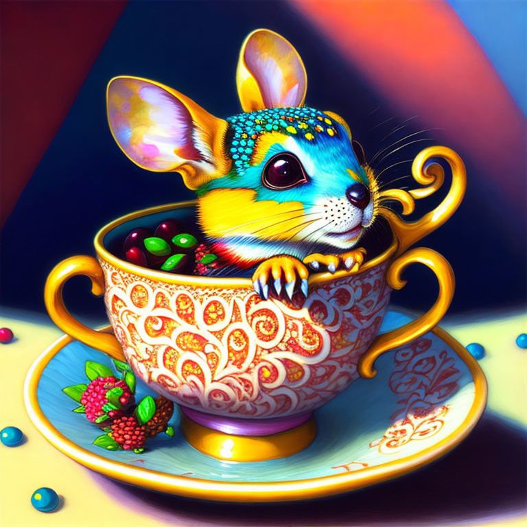 Whimsical mouse in teacup with berries on vibrant background