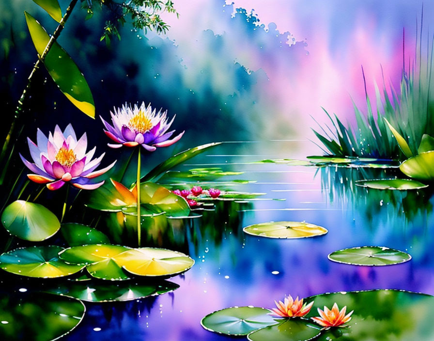 Serene pond with lotus flowers and greenery in colorful digital painting