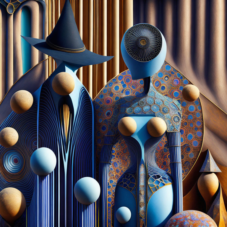 Abstract surreal art featuring stylized figures, geometric patterns, and textured surfaces.