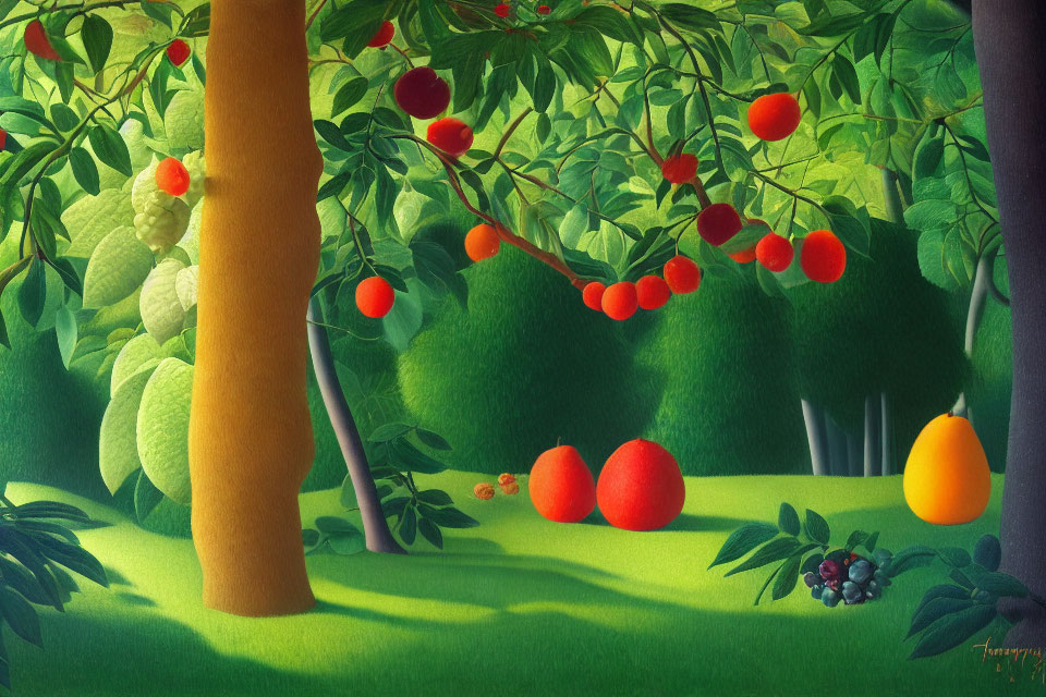 Colorful painting of oversized fruits in lush garden