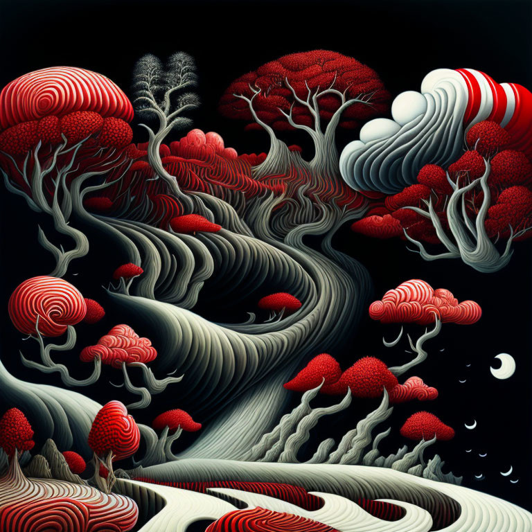 Surreal red and white tree illustration under night sky with swirling branches