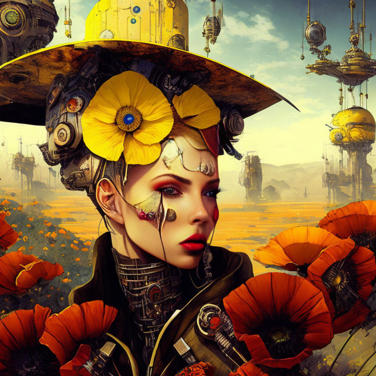 Futuristic cybernetic lady with floral adornments in golden sky