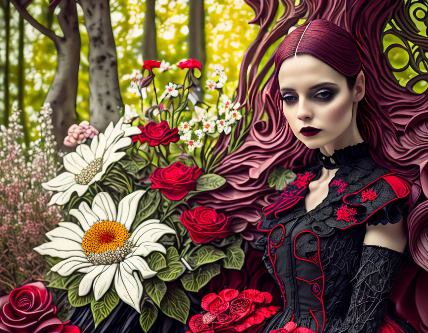 Stylized portrait of woman with maroon hair in Gothic attire amidst vibrant floral backdrop