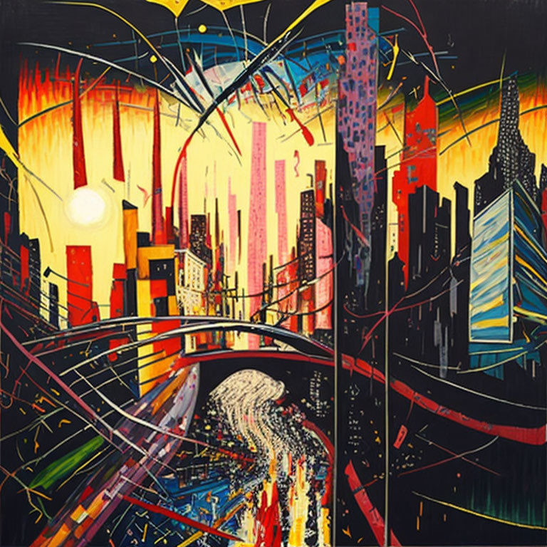 Colorful Cityscape Painting with Dynamic Lines and Geometric Shapes