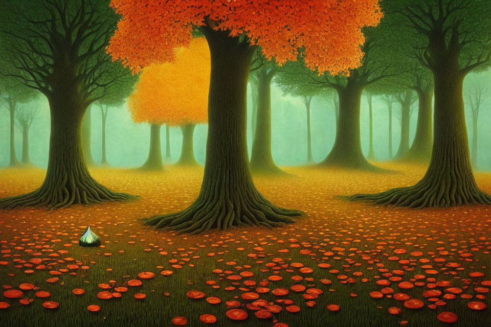 Detailed autumn forest scene with large trees, fallen leaves, and small figure.