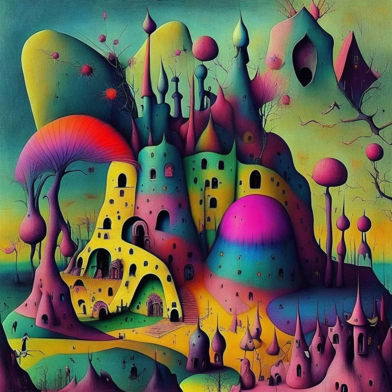 Colorful painting of fantastical landscape with mushroom structures and castles amid surreal vegetation.