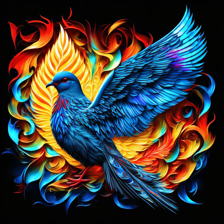 Colorful digital artwork featuring a blue bird against fiery backdrop