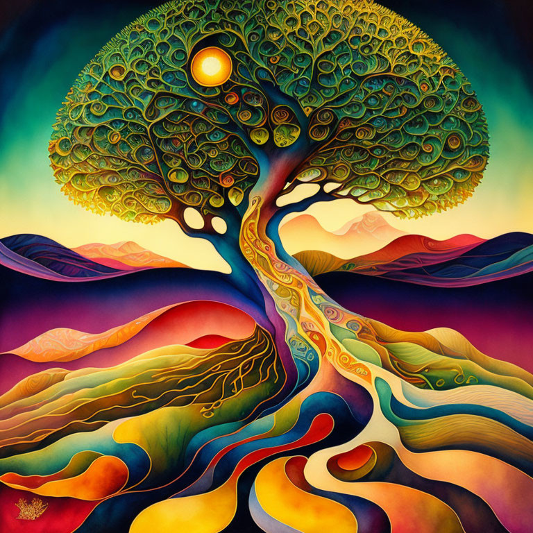 Colorful surreal painting of swirling tree against vibrant landscape