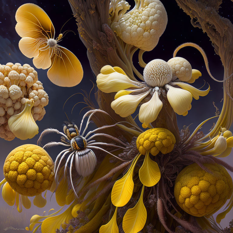 Surreal artwork of golden-yellow flowers on woody stems