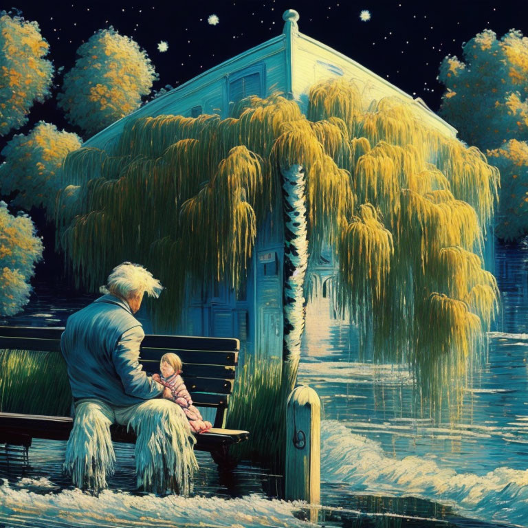 Elderly person and child on bench under starry sky by house and willow trees