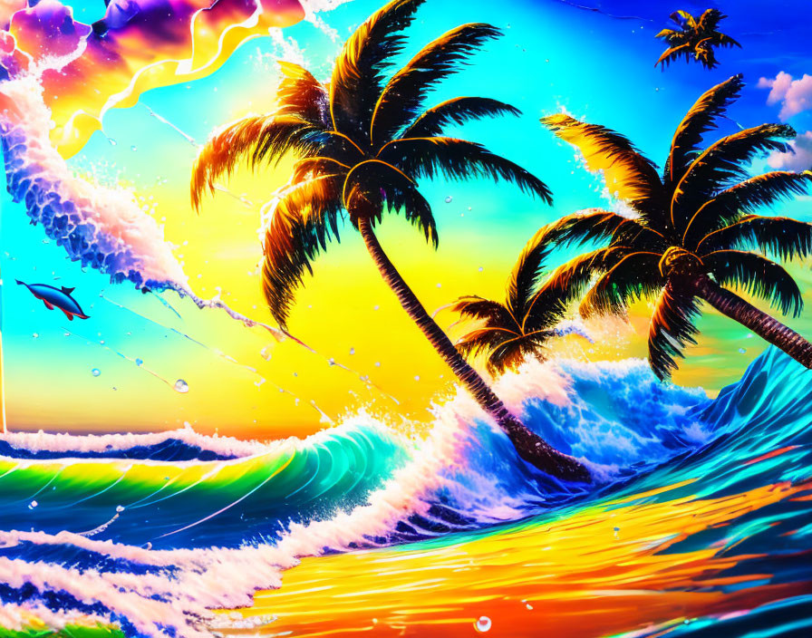 Vivid surreal tropical beach scene with colorful skies and palm trees