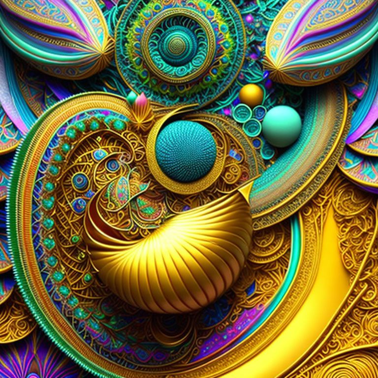 Colorful fractal art with intricate swirling patterns in blues, golds, and purples