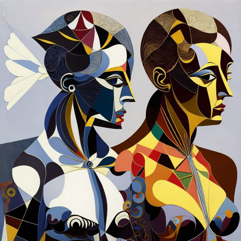 Modernist Painting: Stylized Women Profiles with Geometric Patterns