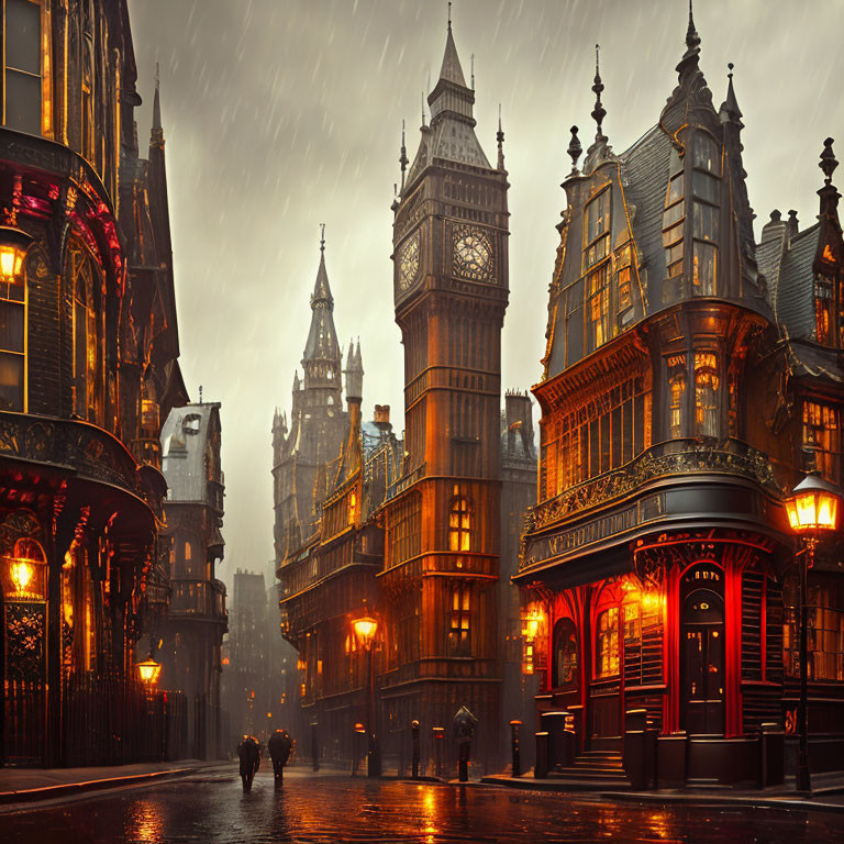 Victorian-style London streets in rain with Big Ben and pedestrians under umbrellas