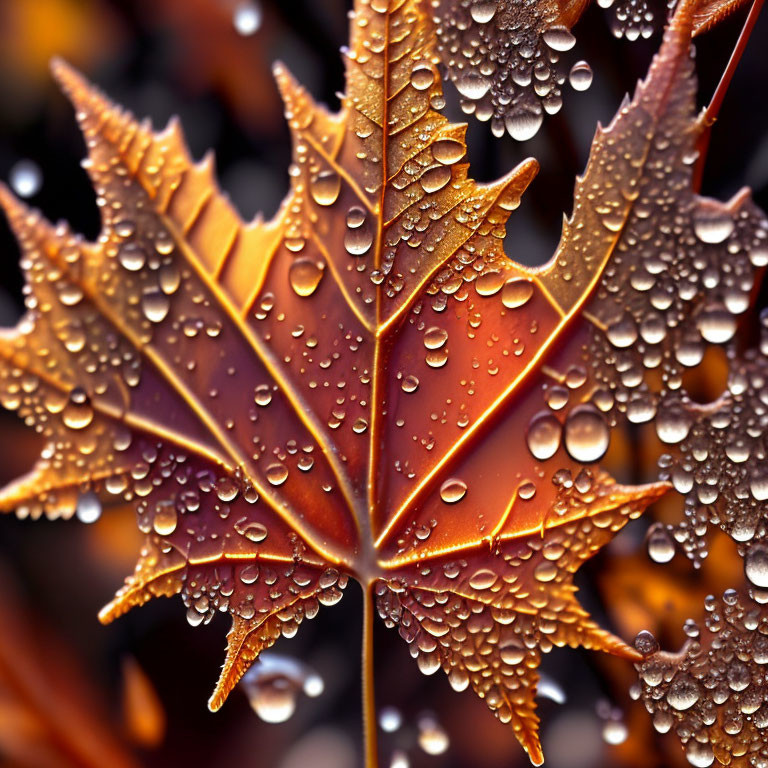 Brown autumn leaf with glistening water droplets.