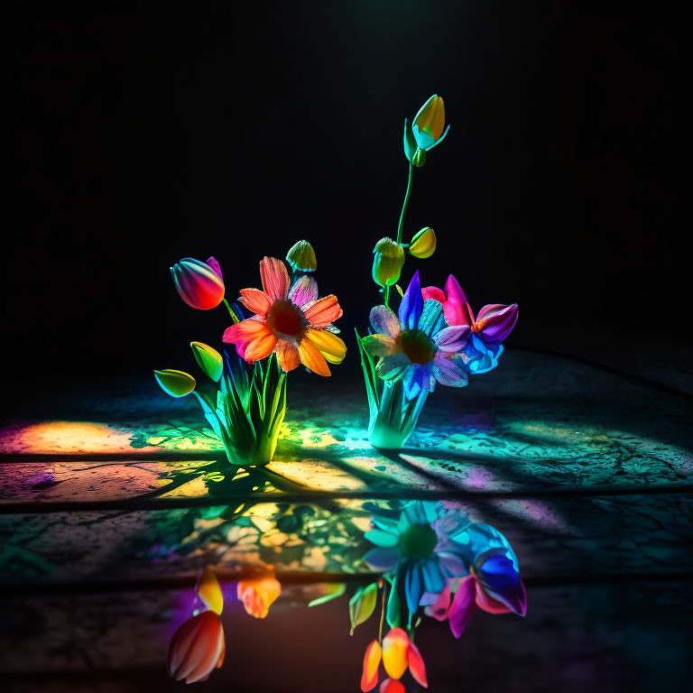 Vibrant neon-lit flowers on dark background with glossy reflections