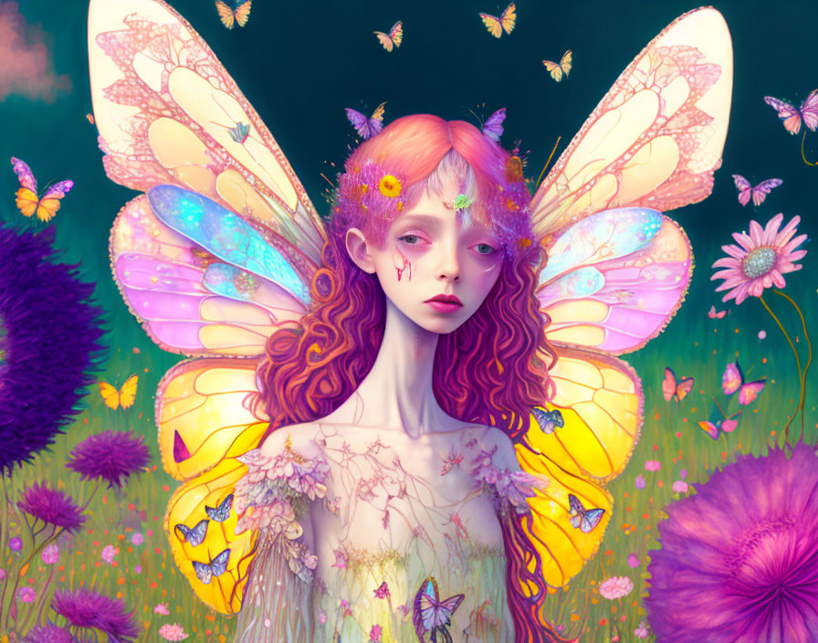 Whimsical fairy with iridescent wings in vibrant floral setting