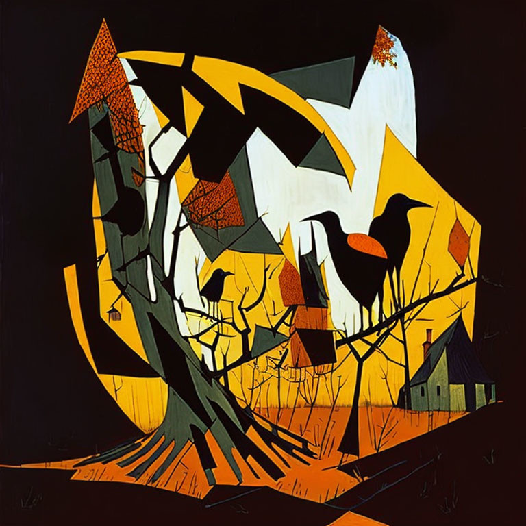 Geometric composition with crows, leaves, mountains, and house in black and yellow.