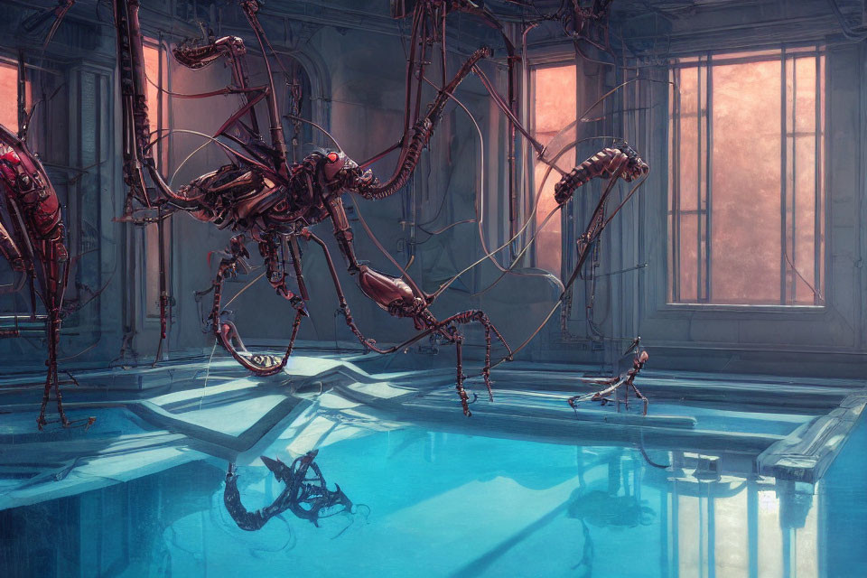 Surreal image of mechanical spider-like creatures in illuminated room