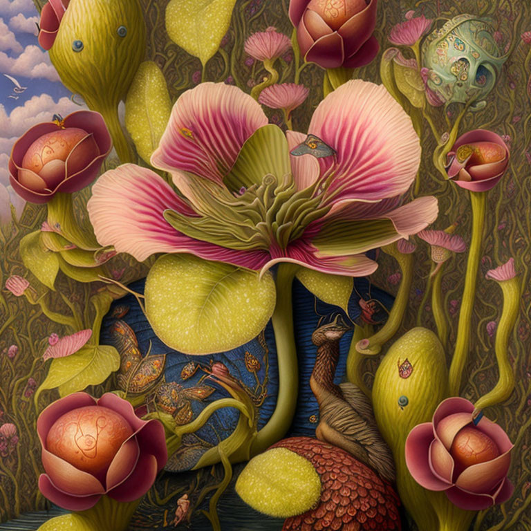 Surreal botanical scene with flowers and peacock motifs