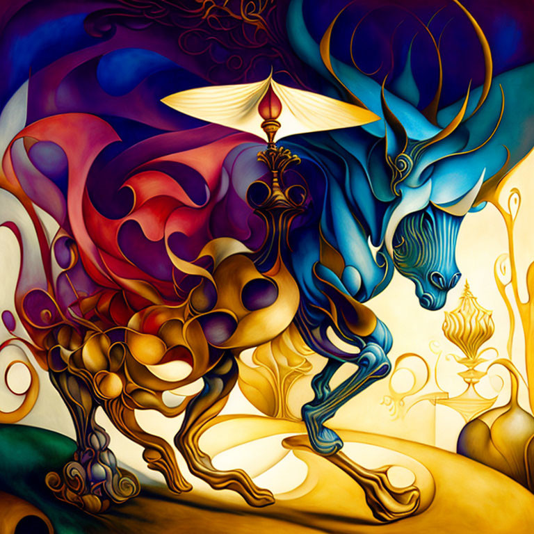 Colorful abstract painting: blue bull creature, golden accents