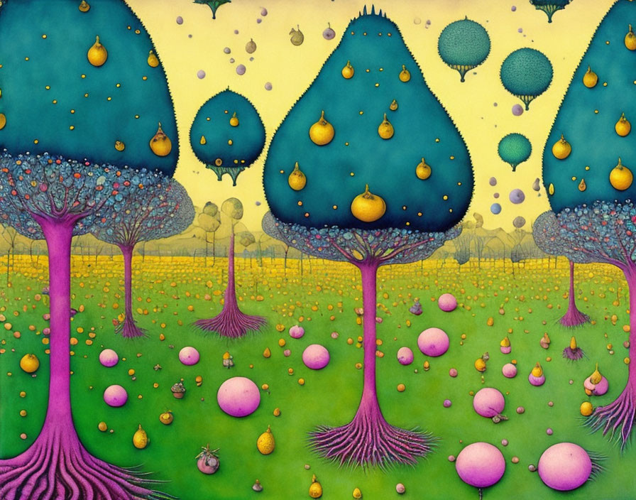 Colorful whimsical illustration of vibrant pear-shaped trees in a surreal landscape.