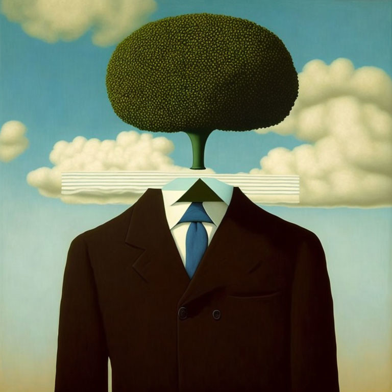 Surreal painting of man with tree head under blue sky