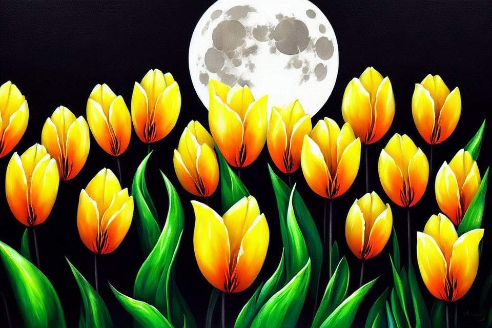 Colorful tulips and full moon against black background