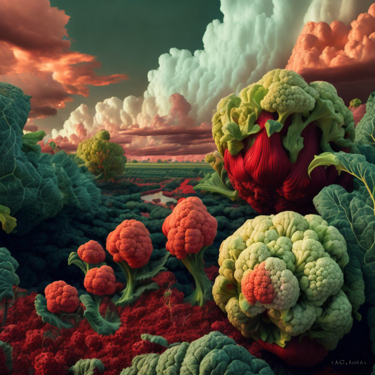 Vivid Oversized Vegetables and Plants in Surreal Landscape at Sunset or Sunrise