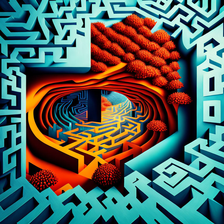 Colorful 3D maze with orange pathway, central column, blue walls, and red plants