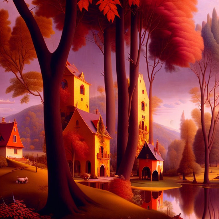 Vibrant autumnal landscape with serene lake and glowing village buildings