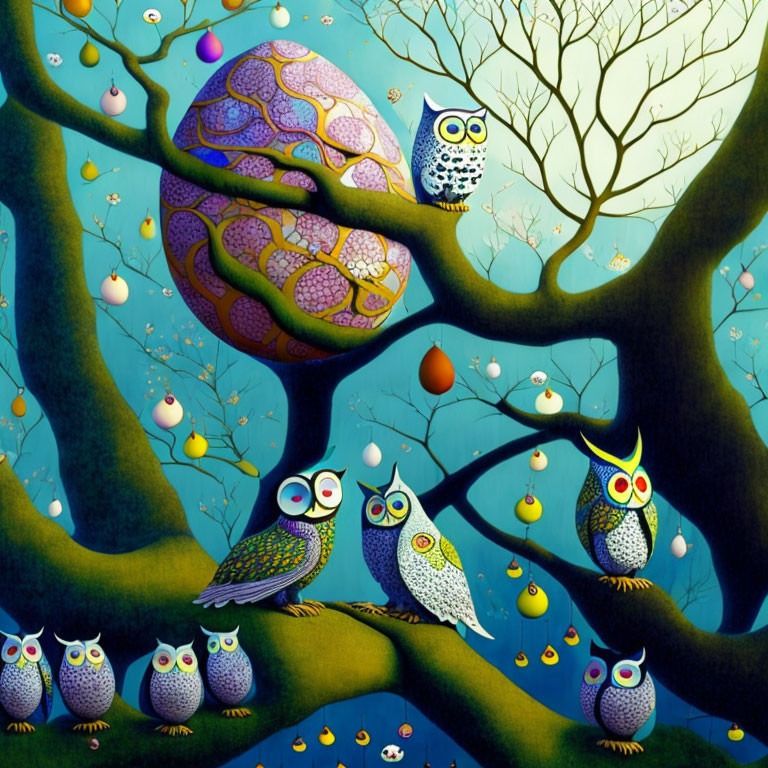 Colorful Owls Perched on Whimsical Tree Branches in Enchanting Forest