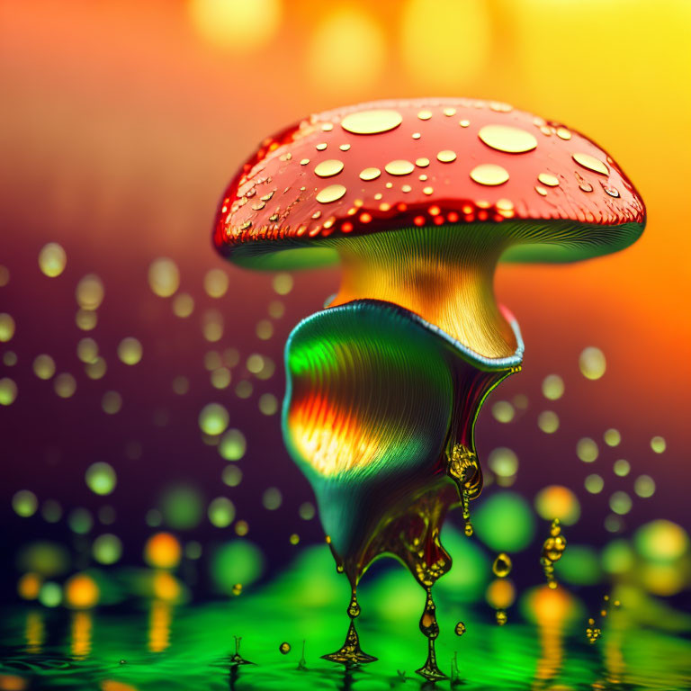 Colorful Mushroom with Water Droplets on Reflective Surface