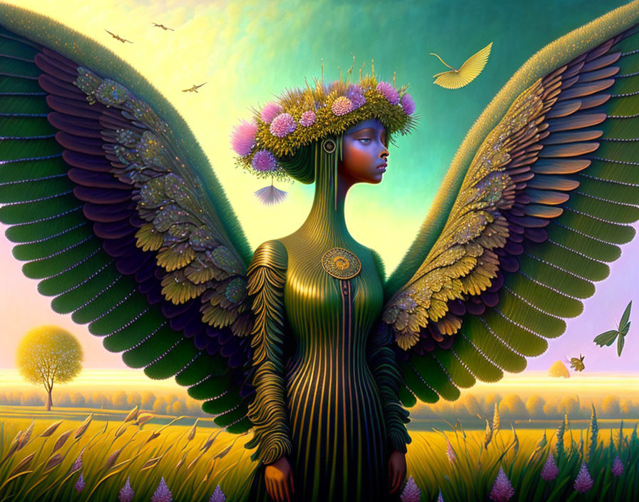 Surreal winged figure with floral crown in vibrant landscape