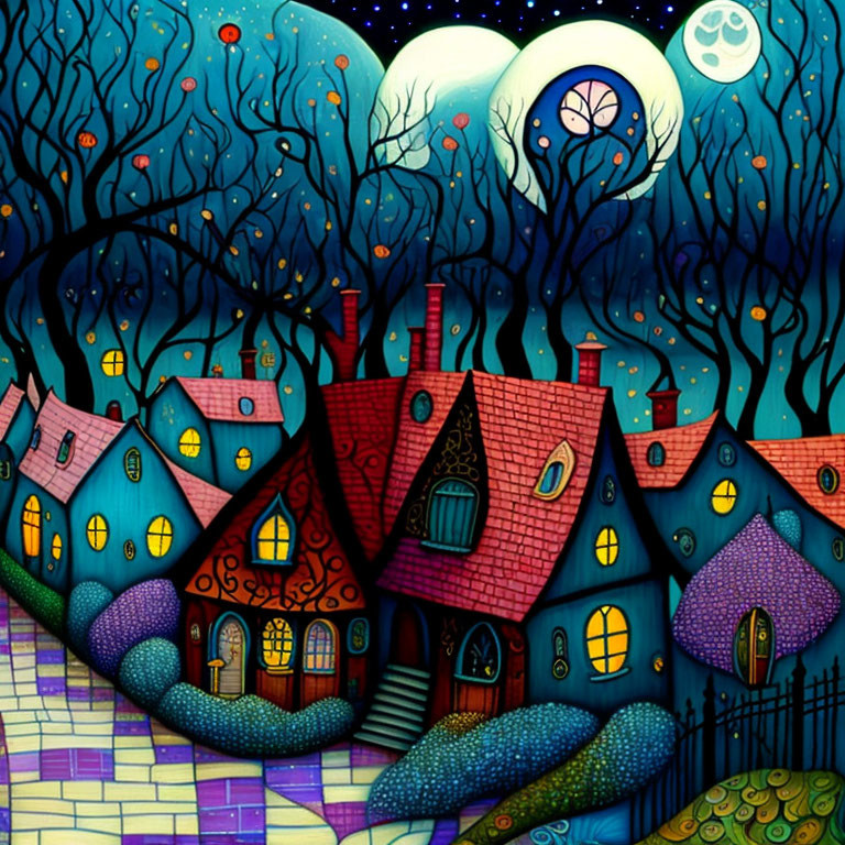 Colorful Curvy Houses Under Two Moons and Twisty Trees