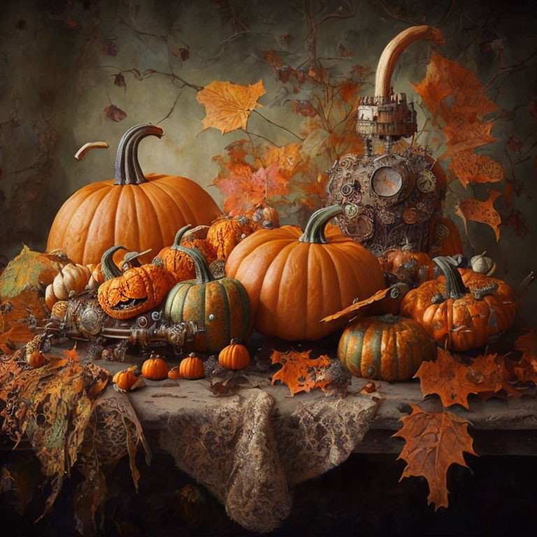 Autumnal still life with pumpkins and steampunk-inspired carved pumpkin