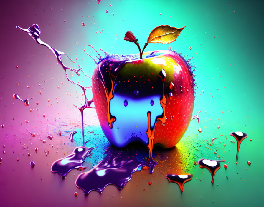 Vibrant glossy apple with liquid splash and leaf on gradient background