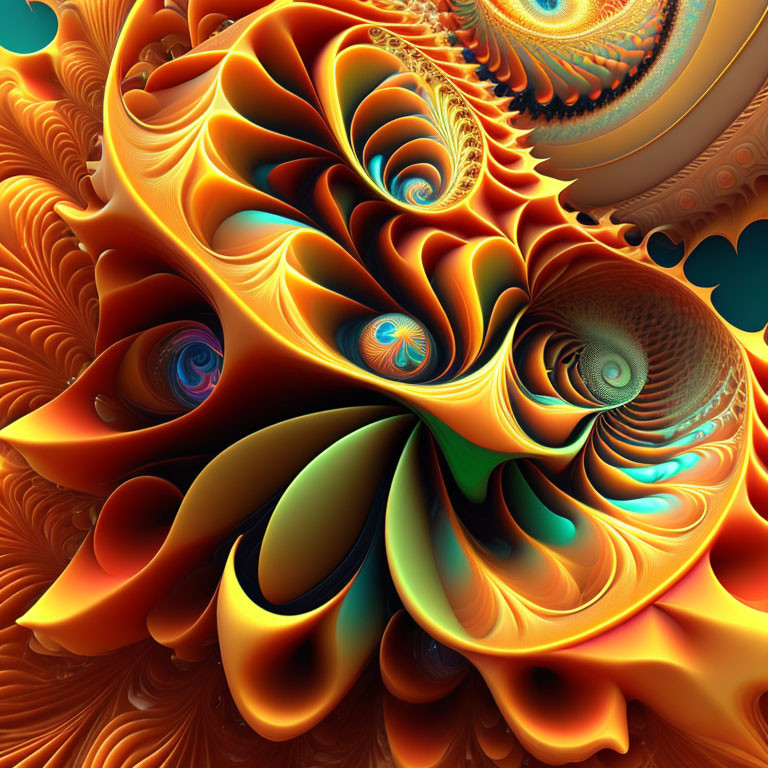 Colorful Fractal Art: Orange, Gold, and Blue Swirling Patterns