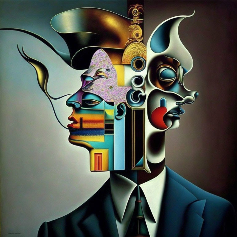 Colorful Surrealist Painting of Multi-Faceted Face