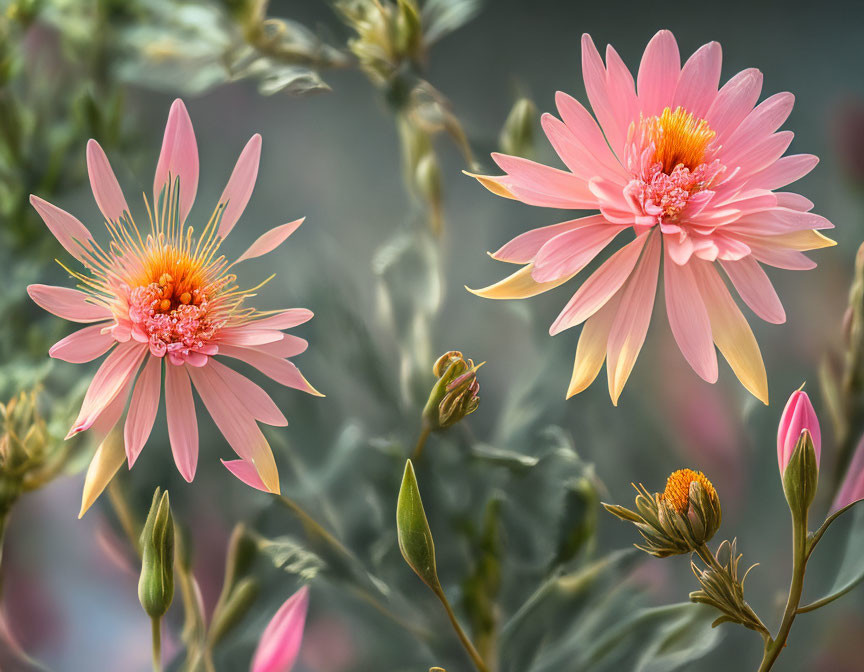 Pink Daisy-like Flowers in Bloom with Yellow-Orange Stamens