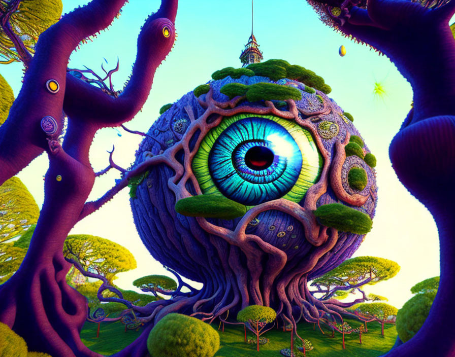 Colorful Eye-Shaped Structure Surrounded by Vibrant Trees and Purple Tentacles