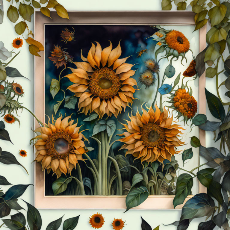 Vibrant sunflowers and ivy leaves in 3D artwork