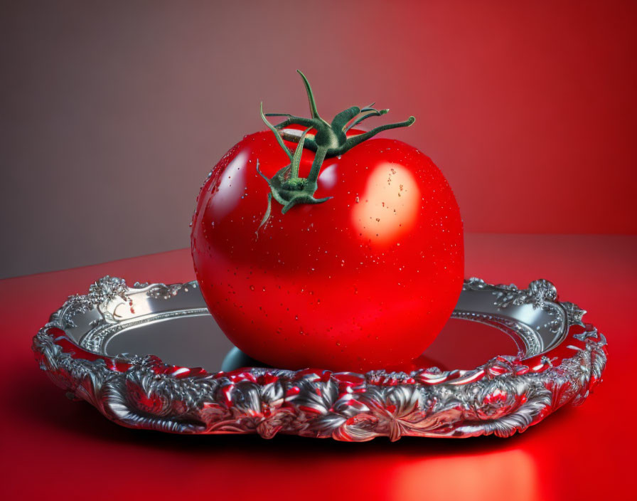 Ripe tomato on silver tray against red gradient background